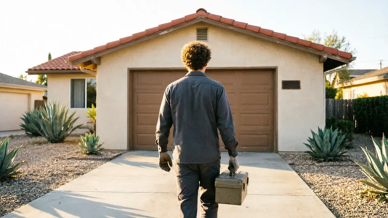 A technician with a toolbox walks toward a house with a brown garage door.