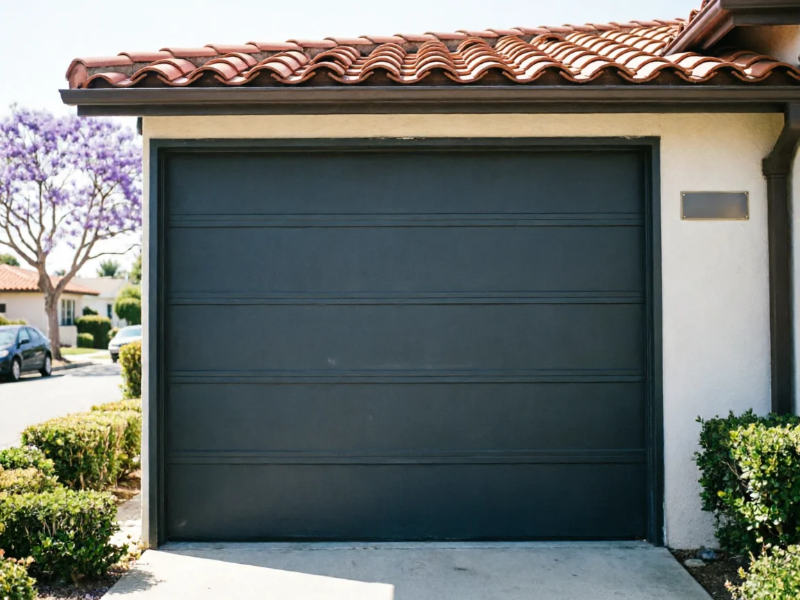 A dark gray garage door on a house with a red tile roof.
