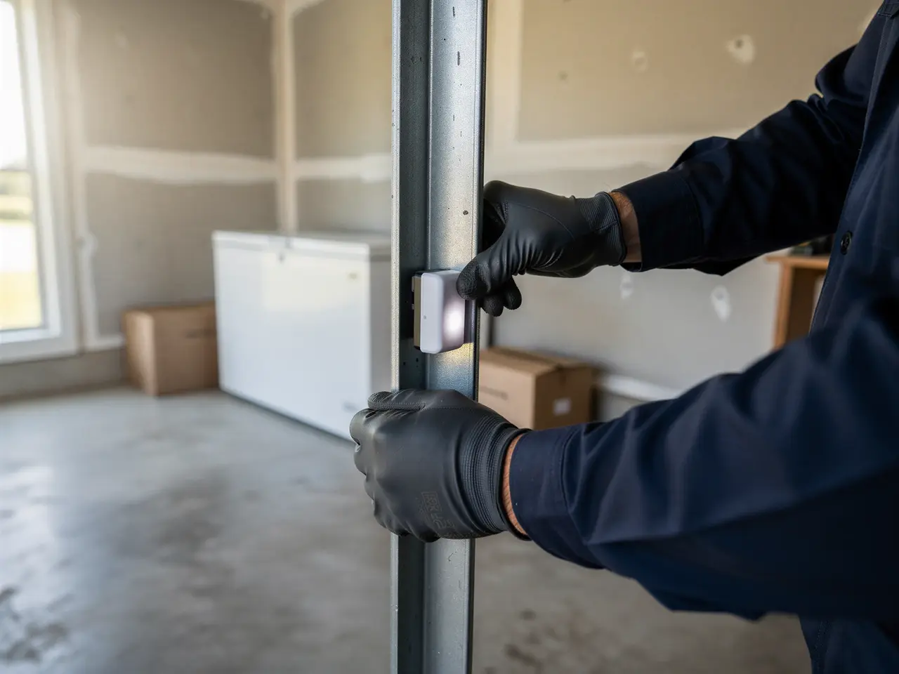 A technician in black gloves adjusts a white sensor on a metal garage door frame.